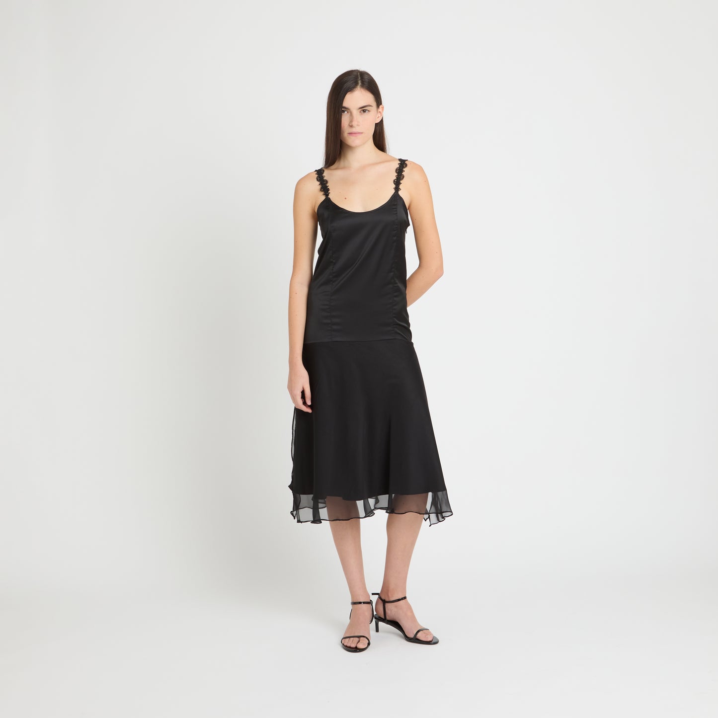 Tindari Noire midi dress in black satin and silk chiffon