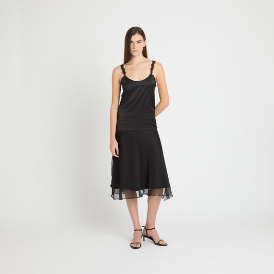Tindari Noire midi dress in black satin and silk chiffon