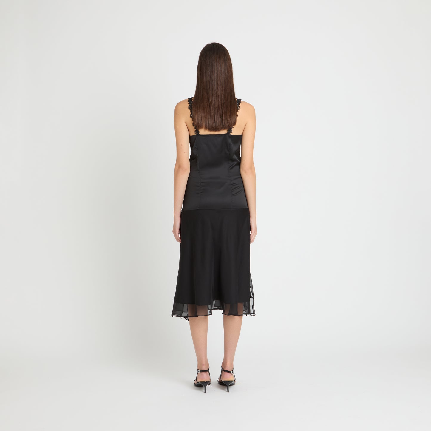 Tindari Noire midi dress in black satin and silk chiffon